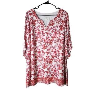 Magnolia Grace Tunic‎ Top Plus Size 2X Red White Floral Embroidered